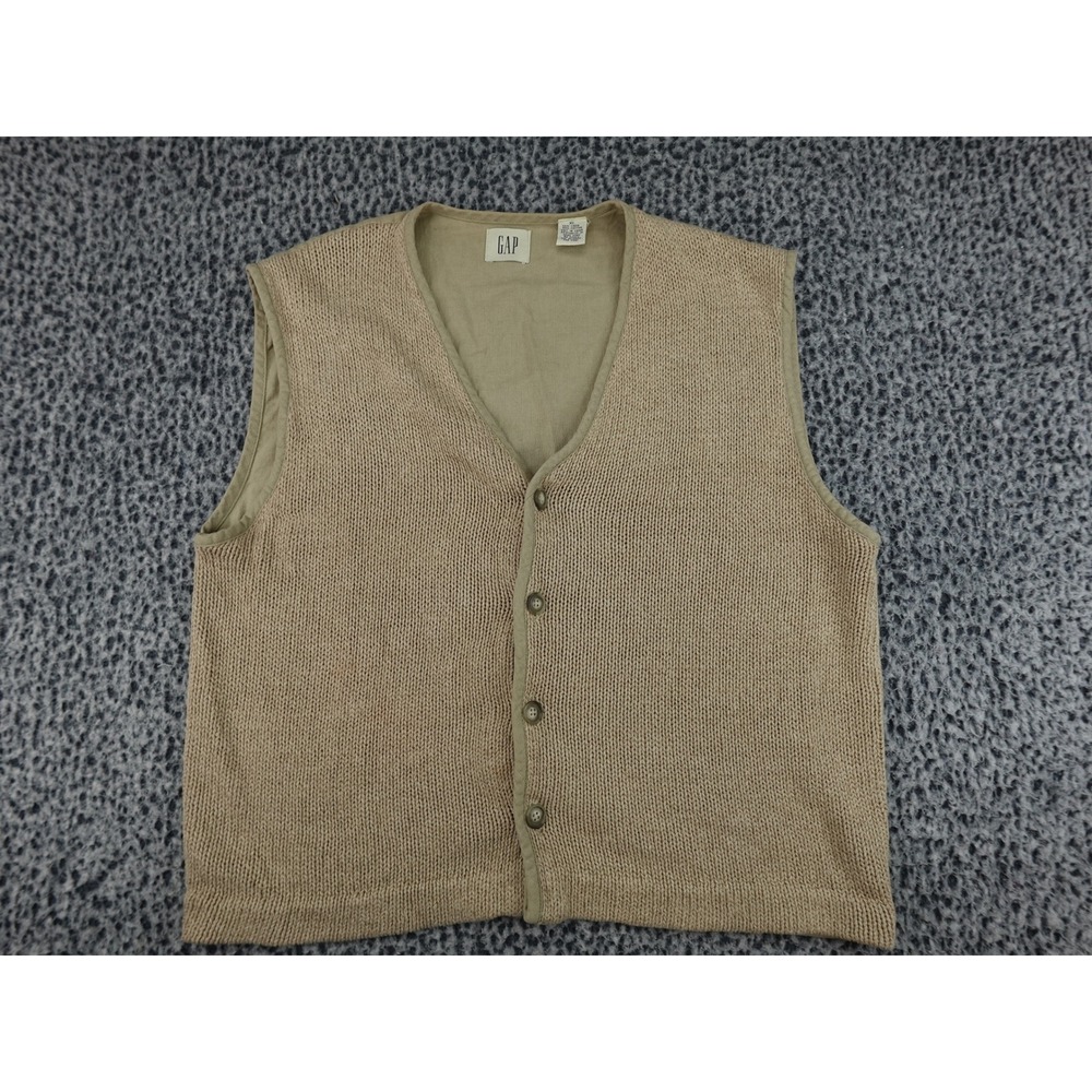 GAP Sweater Vest Mens XL Tan Linen Cotton Knit Button Front V-Neck Vintage